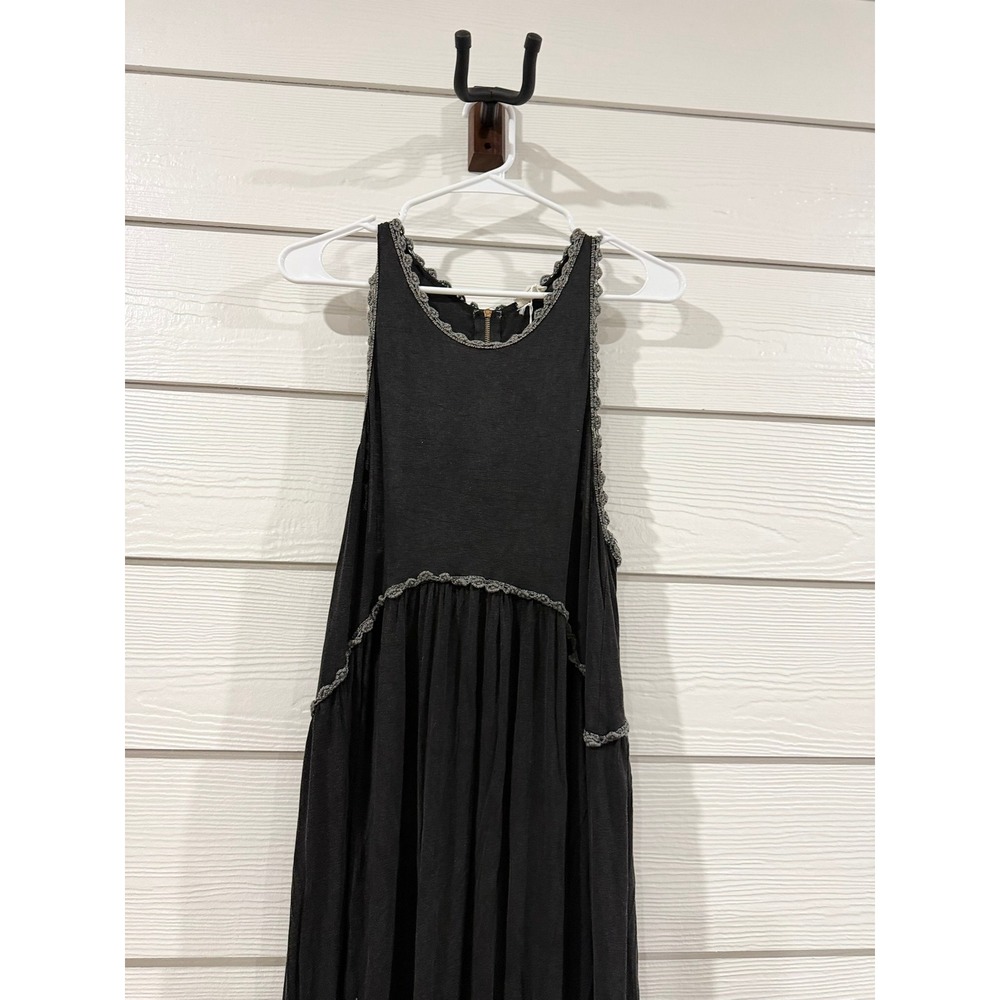 B- 048- POL Women Sleeveless Crochet Trim Maxi Dress Washed Black Boho Zipper